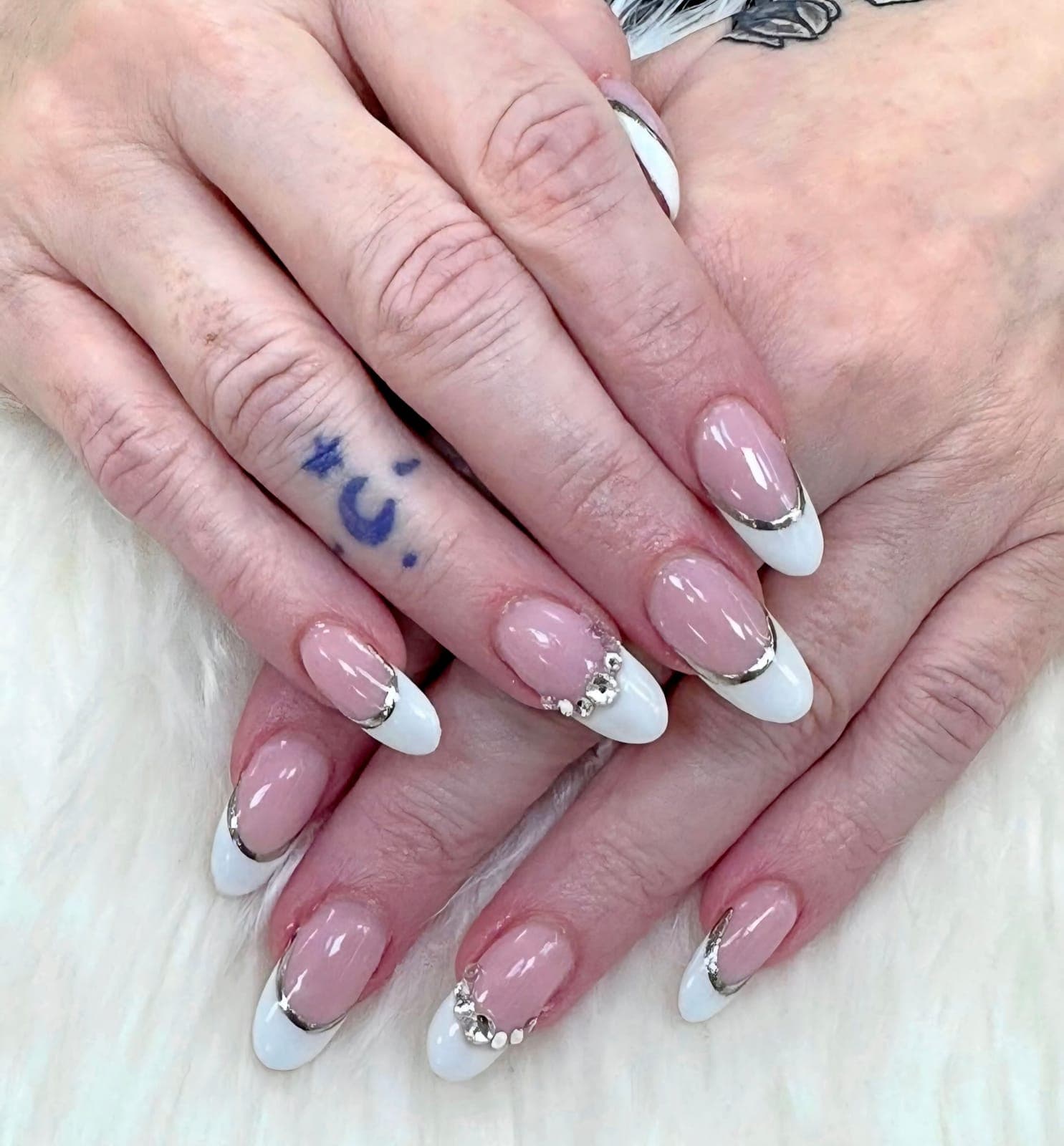 White French almond nails with crystals